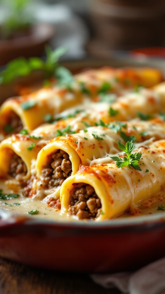 A delicious plate of Cannelloni with Meat and Béchamel Sauce, featuring stuffed pasta tubes, creamy sauce, and melted cheese.